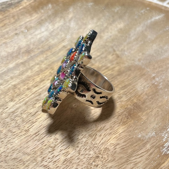 NWOT Handmade Sterling Silver Spiny Oyster & Opal Cluster Adjustable Ring - Picture 5 of 12